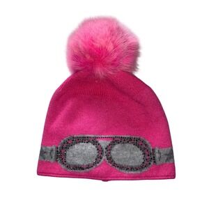 NEW Hot Pink Beanie Ski Goggle Rhinestone with Faux Fur Pom Pom Fuchsia OS